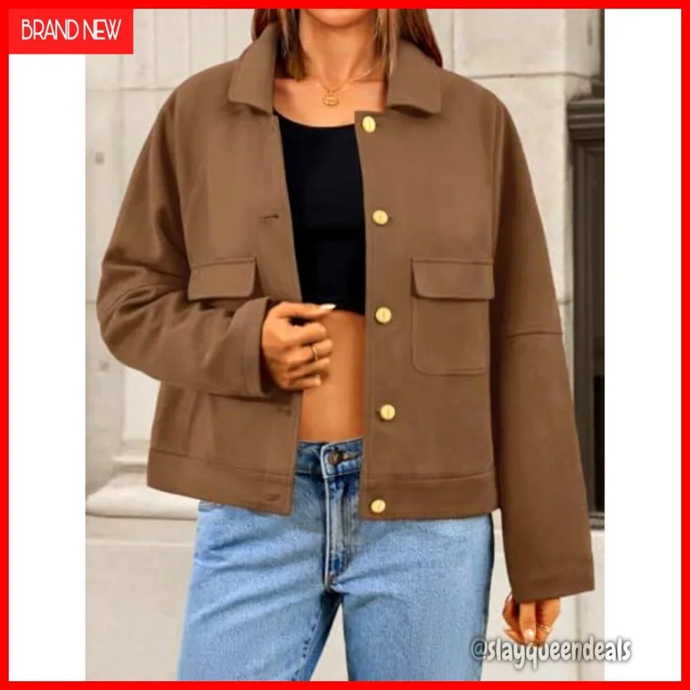 Faux Suede Cropped Jacket Casual Button Down Vintage Shacket - Picture 2 of 6